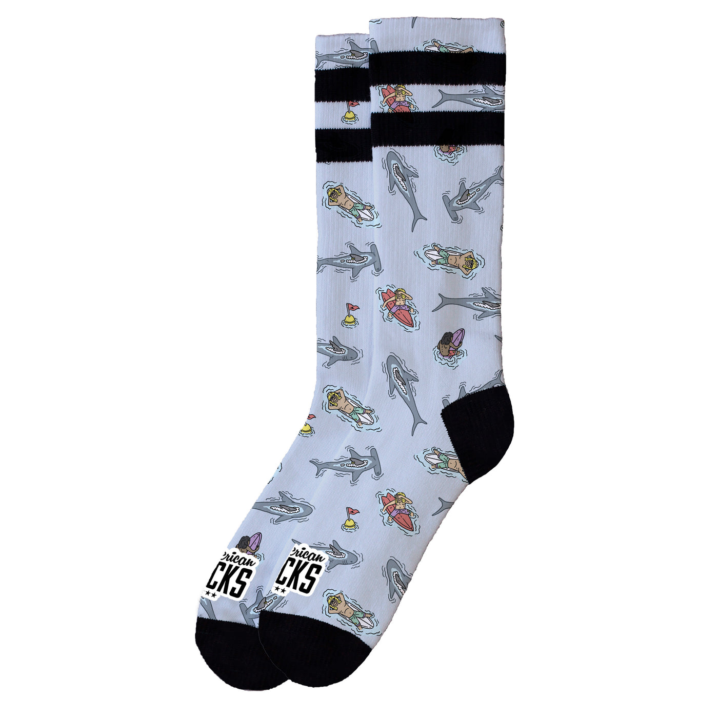 Lateral view of funky sea themed socks with characters floating on surfboards around sharks by american socks 