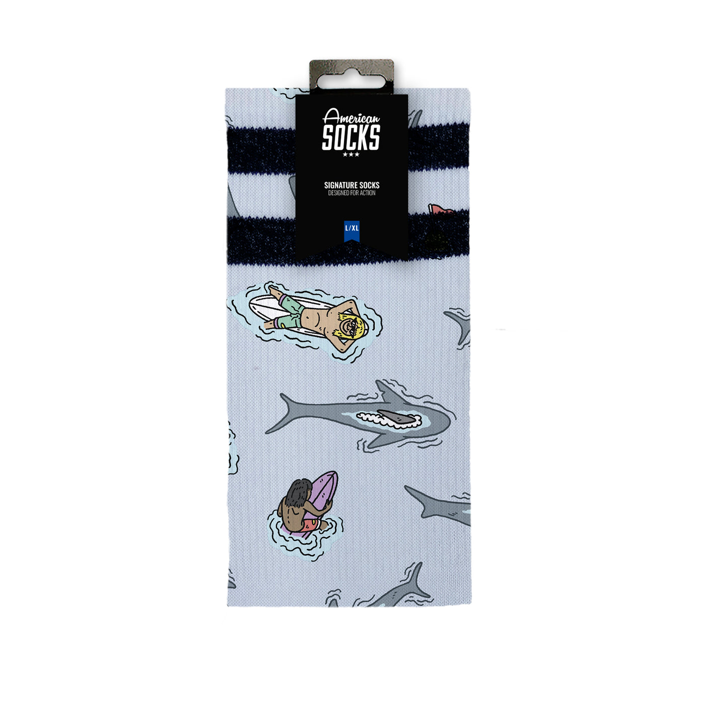 Cool sea themed socks with characters floating on surfboards around sharks by american socks 