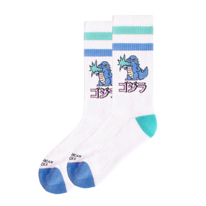 Calcetines Mid High Gojira con un monstruo kaiju azul adorable y rayas retro azules y turquesa, de American Socks