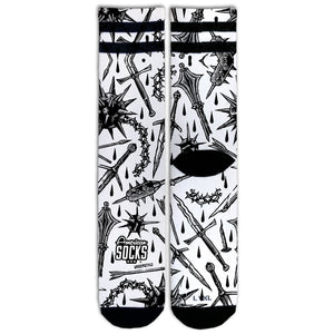 Calzini Mid High Medieval con spade, castelli e draghi medievali in bianco e nero, di American Socks