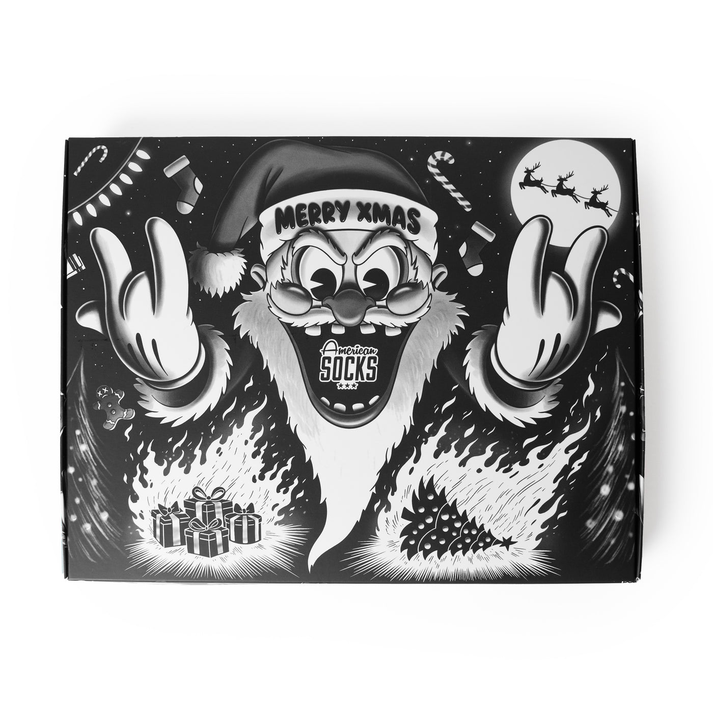 Christmas gift box packaging with cool rock santa claus design by american socks 