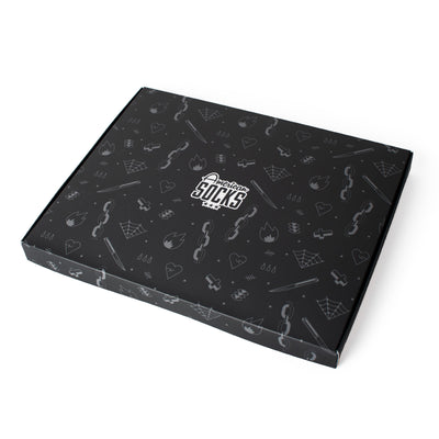 Black giftbox with small tattoo inspired illustrations by american socks
