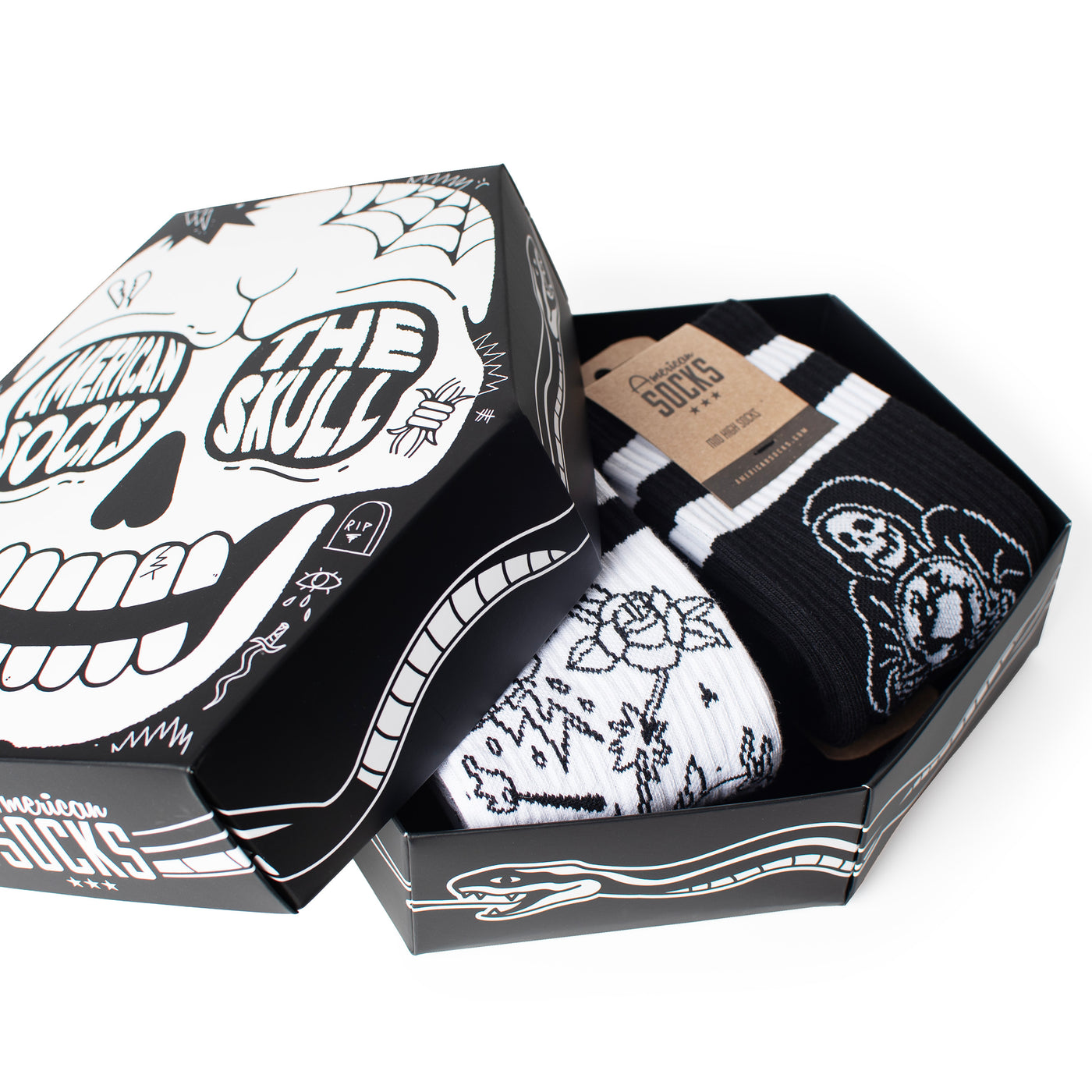 Skull gift box half opened partially showing death related socks by american socks