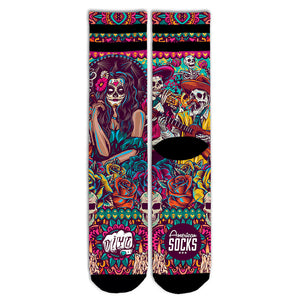Chaussettes Mid High Día de los muertos avec une Catrina et des motifs mexicains colorés, American Socks